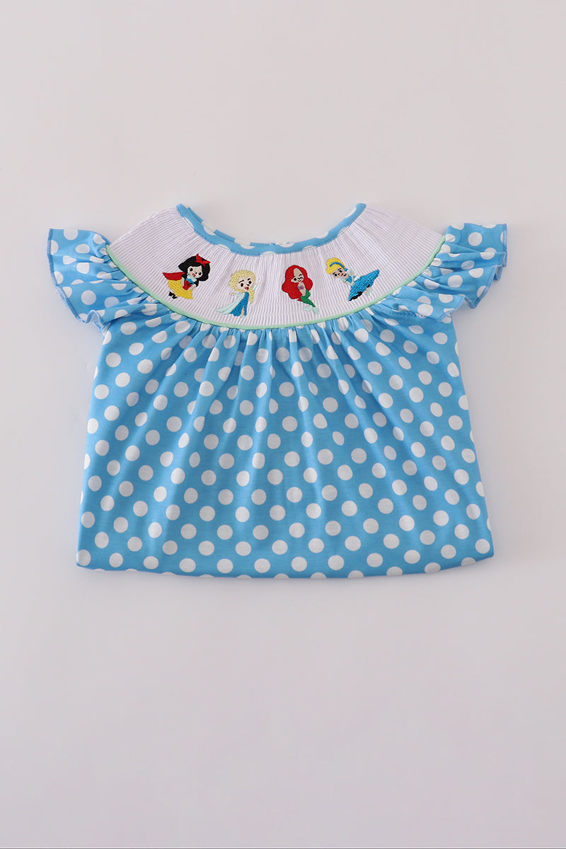 Blue dot character embroidery smocked dress