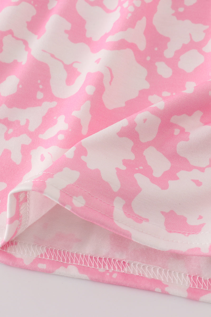Pink strawberry milk cow embroidery ruffle dress