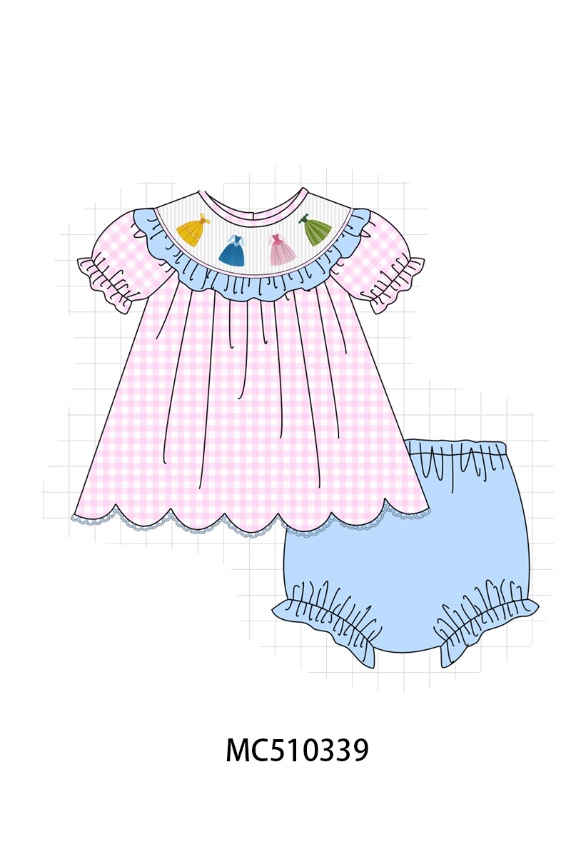 Pink princess smocked gingham ruffle bloomer set