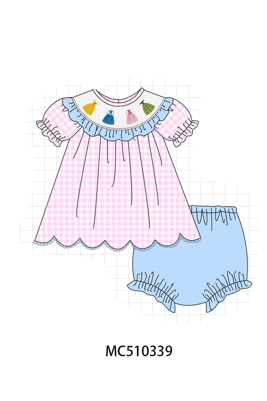 Pink princess smocked gingham ruffle bloomer set