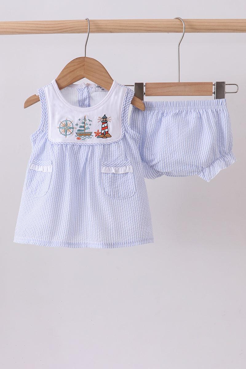 Blue sailboat seersucker bloomer set
