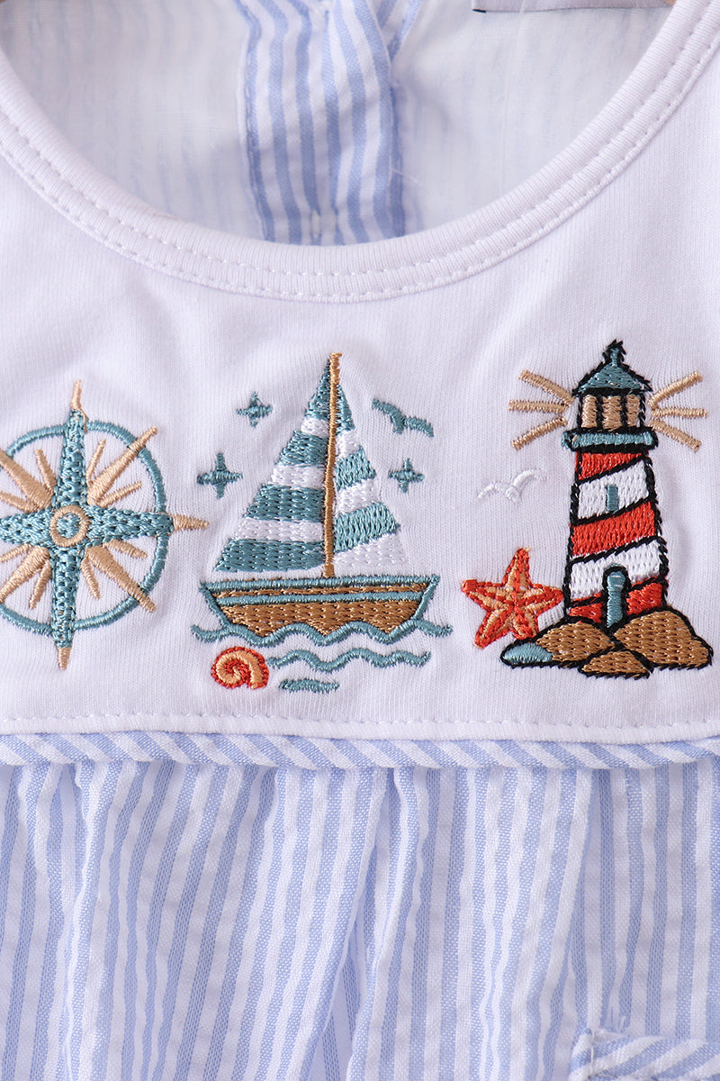 Blue sailboat seersucker bloomer set