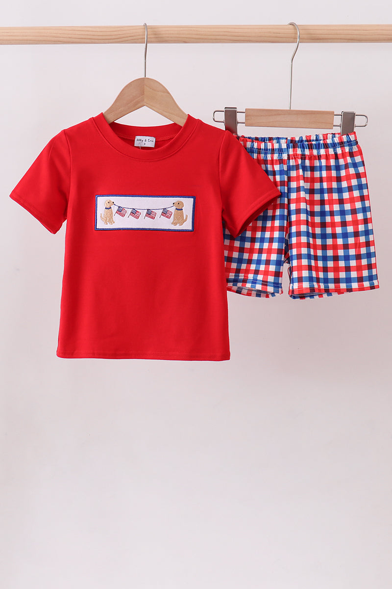 Red puppy embroidery gingham shorts set
