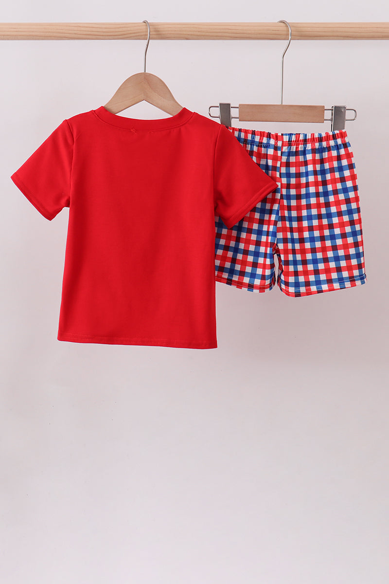 Red puppy embroidery gingham shorts set
