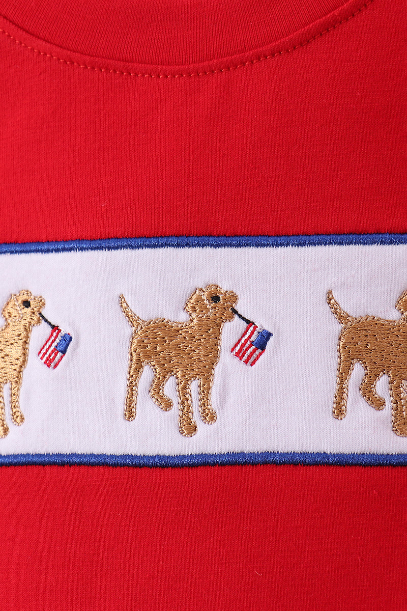 Red puppy embroidery plaid shorts set