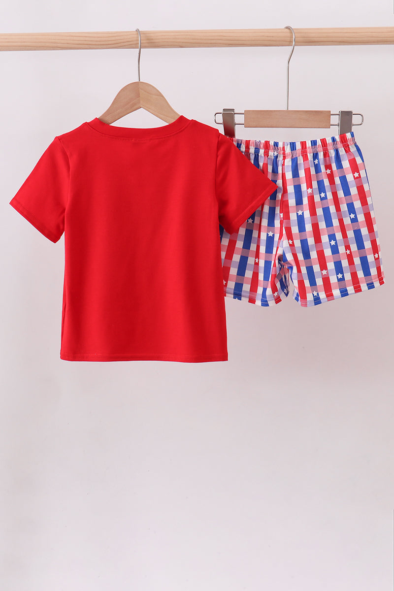 Red puppy embroidery plaid shorts set