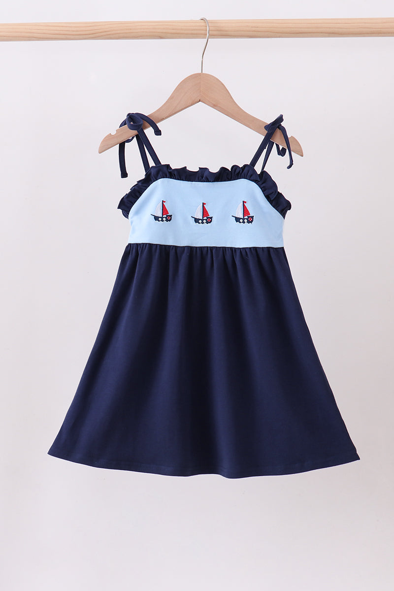 Navy sailboat embroidery ruffle dress