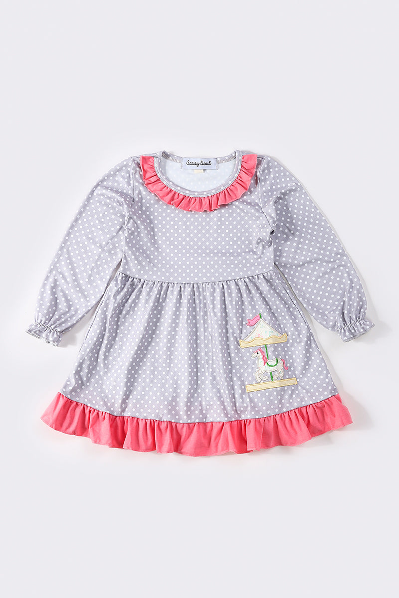 Grey dot carousel applique dot girl dress