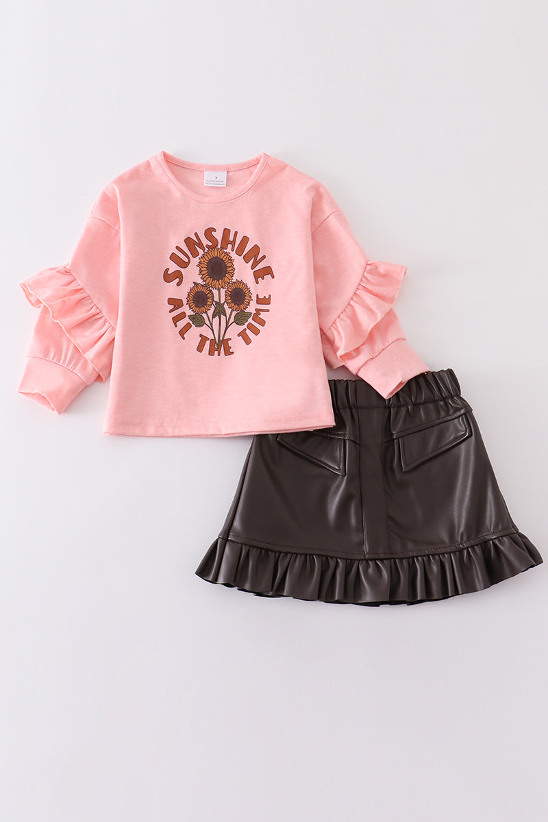 Pink sunflower leather short skirt set