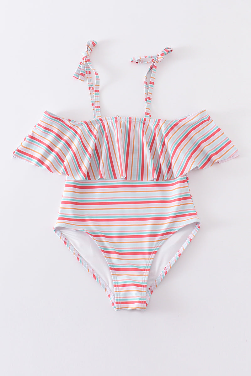 Rainbow stripe strap girl swimsuit one piece UPF50+