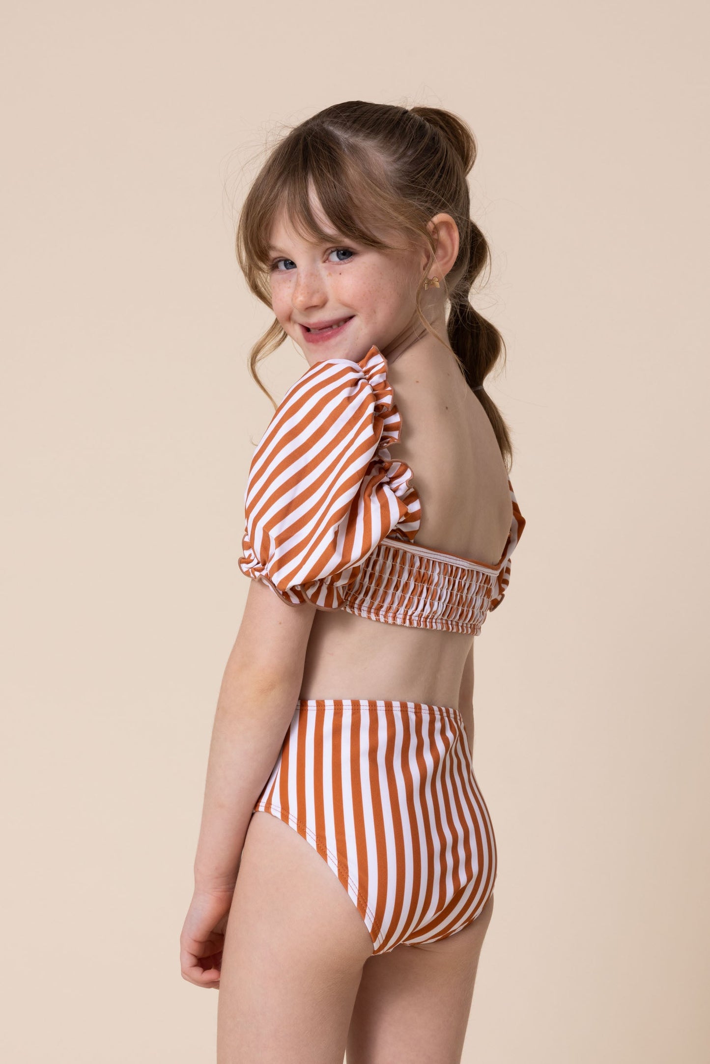 Terracotta stripe smocked 2pc girl swimsuit (size run small, go up 2-3 sizes)