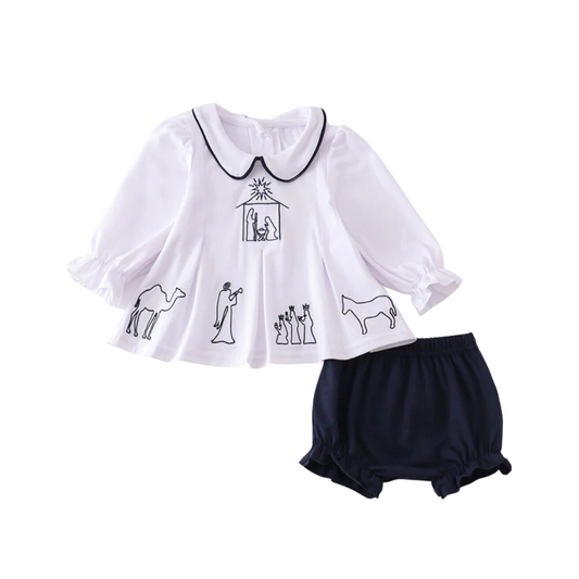 Girls Embroidered Nativity bloomer and long sleeve set