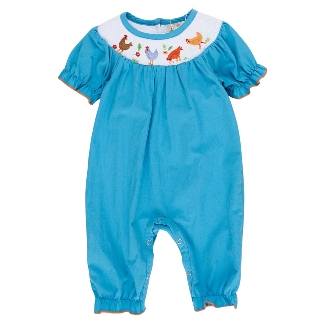 Turquoise Smocked Chicken Romper